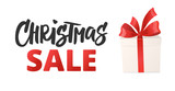 Fototapeta Na sufit - Christmas sale banner. Cartoon gift box with red bow isolated on white