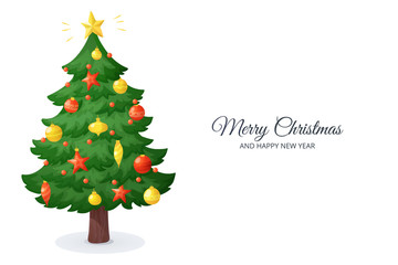 Wall Mural - Merry Christmas card. Cartoon Christmas tree isolated on white background. Decorations with stars, balls and garlands