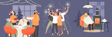 Set Of Illustrations With Family, A Group Of Friends And A Couple Celebrating Christmas And New Year.