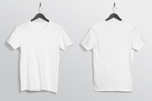 Front Back Of White Plain Crew Neck T Shirt Hanging On Wall