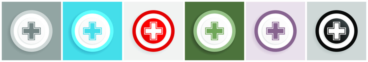 Aufkleber - Pharmacy icon set, colorful flat design vector illustrations in 6 options for web design and mobile applications