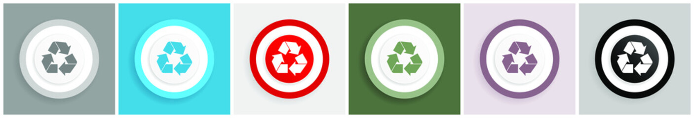 Fototapete - Recycling sign icon set, colorful flat design vector illustrations in 6 options for web design and mobile applications