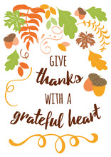 Give Thanks With A Gratefull Heart Autumn Print Hand Drawn Autumn Cad For Thanksgiving Day Banner, Logo, Sign, Label Card