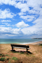 wooden bench on a cliff edge over looking Seaford Beach, East Sussex, UK, a sweeping pebble beac h with a striling blue and white sky behind for copy space