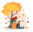 © Biscotto Design - Woman sitting with book under the tree in autumn. Vector illustration in flat style