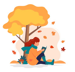 Woman sitting with book under the tree in autumn. Vector illustration in flat style