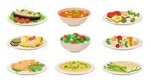 Vector Isometric Illustration Set With Vegetarian Dishes Isolated On White Background
