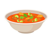 Vector Illustraion Of Vegetable Soup In Porcelain Bowl Isolated On White Background.