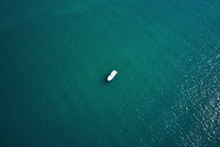 Aerial View Of Speed Boat In Sea, Ancona, Italy. Speed Boat At Sea, View From Above