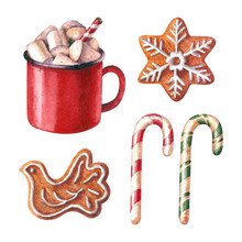 Christmas Symbols Watercolor Collection Isolated On White Background. Illustration With Handpainted Watercolor Clipart With Red Cup Of Chocolate And Marshmellows, Candy Canes And Traditional Gingerbre