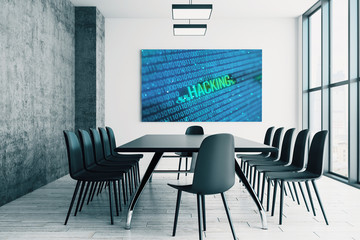 conference room interior with hacking picture on screen monitor on the wall. data safety concept. 3d