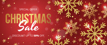 Christmas Sale Banner With Golden Snowflake On Red Background. Vector Illustration 