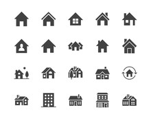 Houses Flat Glyph Icons Set. Home Page Button, Residential Building, Country Cottage, Apartment Vector Illustrations. Simple Black Signs For Real Estate. Silhouette Pictogram Pixel Perfect 64x64