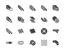 Stainless Steel Flat Glyph Icons Set. Metal Sheet, Coil, Strip, Pipe, Armature Vector Illustrations. Black Signs Metallurgy Products, Construction Industry. Silhouette Pictogram Pixel Perfect 64x64