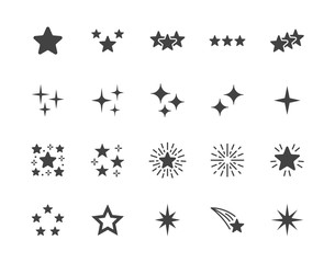 Stars flat glyph icons set. Starry night, falling star, firework, twinkle, glow, glitter burst vector illustrations. Black signs for glossy material property. Silhouette pictogram pixel perfect 64x64