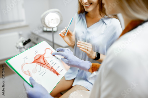 Fotomural Gynecologist showing a picture with uterus to a young woman patient, explaining
