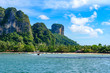 Railay West Beach with beautiful rock formation and landscape scenery in Krabi province - tropical coast with paradise beaches - Thailand