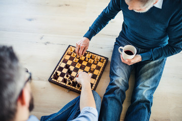 Poster - An adult hipster son and senior father sitting on floor indoors at home, playing chess.