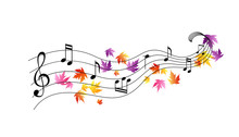 Music Notes With Flying Colorful Autumn Leaves. Vector Decoration From Scattered Elements. Colorful Isolated Silhouette. Conceptual Illustration.