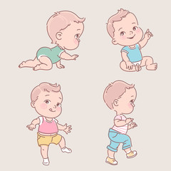 Wall Mural - baby boy in clothes. cute active little boy crawling, sitting,standing, walking.