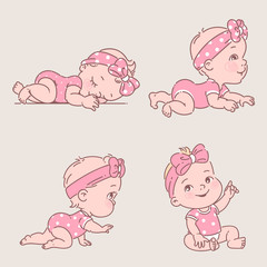 Wall Mural - baby girl in clothes. cute active little girl sleep, sit, learn to crawl.