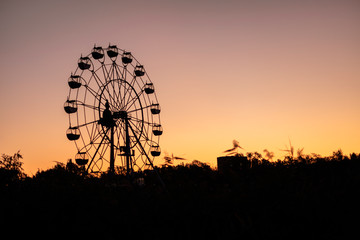 Silhouette of a ferris wheel at sunrise (sunset) of the sun on a background of trees and grass.