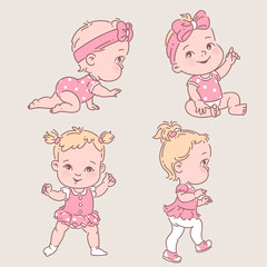 Wall Mural - baby girl in clothes. cute active little girl crawling, sitting,standing, walking.