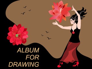 Wall Mural - Young girl with fluttering black hair is dancing flamenco with a red sun in the shape of lily flowers against a golden sunset sky and black silhouettes of mountains. Cover for an album for drawing.