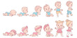 Baby girl and boy in row. Set of child health and development icons in line.