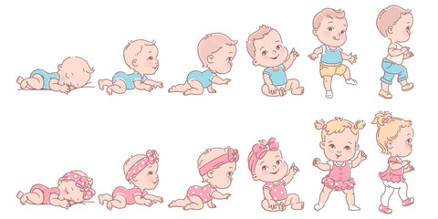 baby girl and boy in row. set of child health and development icons in line.