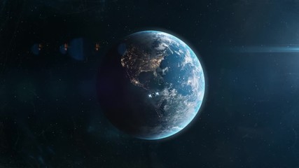 Wall Mural - Science Fiction Spaceship Approaching Planet Earth at Night