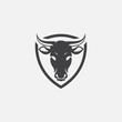 cow head with shield logo design vector, cow shield emblem, long horned head illustration, farming logo