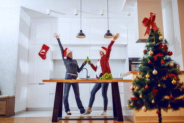 Wall Mural - Happy senior woman toasting with beer with her daughter while standing in kitchen. Both having santa hats on heads.