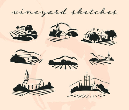 vector village hand drawn landscape collection with fields, houses and vineyrad on white background.