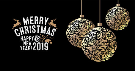merry christmas banner. happy new year holiday gold ornament ball. banner decoration with snowflakes