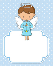 Angel Boy With Star. Frame With Blank Space To Add Text