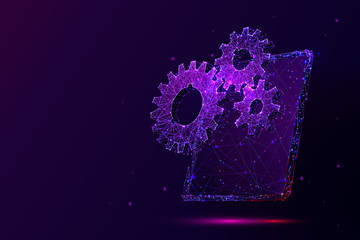 Leinwandbilder - Tablet and gears low poly vector illustration. 3d modern portable gadget. Polygonal cogwheels with tablet screen mesh art with connected dots. Modern technologies settings testing concept ..