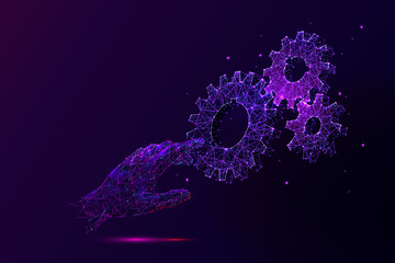 Leinwandbilder - Violet Hand touching cogwheels low poly vector illustration. 3d gears on dark violet background. Polygonal palm with cogs, gears mechanism. Engineering idea, manufacturing symbol mesh art