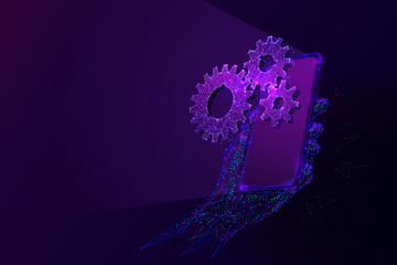 Leinwandbilder - Smartphone and cogs low poly vector illustration. 3d hand holding modern gadget. Polygonal cogwheels near cellphone mesh art with connected dots. Modern technologies settings and adjustments concept