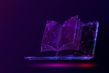 Laptop And Book Low Poly Vector Illustration. 3d Open Textbook. Polygonal Notebook Display Mesh Art With Connected Dots. Modern Information Source, Online Library. Learning, Self-education Concept