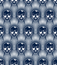 Seamless Skulls Background, Vector Pattern With Crazy Sculls, Horror And Death Theme, Hard Rock And Rock N Roll Subculture Prints Textile, Hazard And Danger.