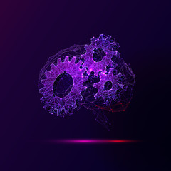 Leinwandbilder - Brain and cogwheels low poly vector illustration. 3d cogs and gears, mechanism functioning concept. Polygonal brain mesh art with connected dots. Healthy mind, human thinking, psychology metaphor