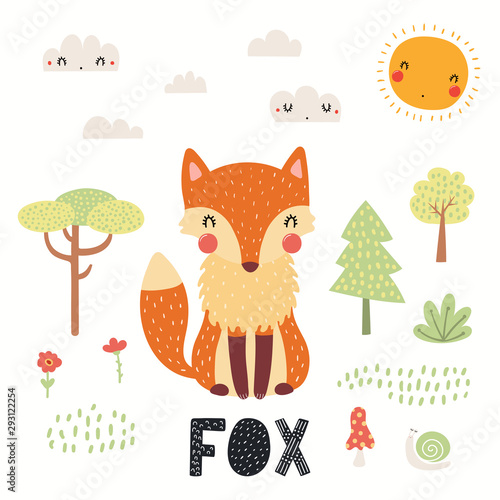 Hand drawn vector illustration of a cute fox in the forest, woodland landscap...