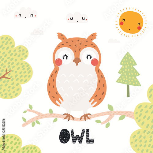 Hand drawn vector illustration of a cute owl in the forest, woodland landscap...