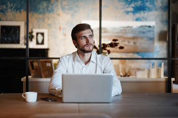 Handsome businessman working with laptop in office