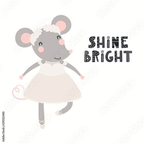 Hand drawn vector illustration of a cute mouse ballerina in a tutu, dancing, ...