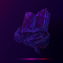 Leinwandbilder - Human brain and book low poly wireframe illustration. 3d polygonal open textbook. Developing imagination with reading, studying metaphor. Knowledge and intelligence mesh art with connected dots
