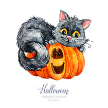 Watercolor Halloween. Halloween Animal. Watercolor Illustration. Halloween Cat. Black Cat On A Pumpkin
