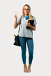 © luismolinero - Full body of Student girl with glasses happy and counting two with fingers on grey background