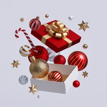 3d Christmas Gift Box Opened, Ornaments Flying Out. Festive Clip Art Isolated On White Background. Seasonal Winter Holiday Decor: Glass Balls, Golden Stars, Candy Cane.